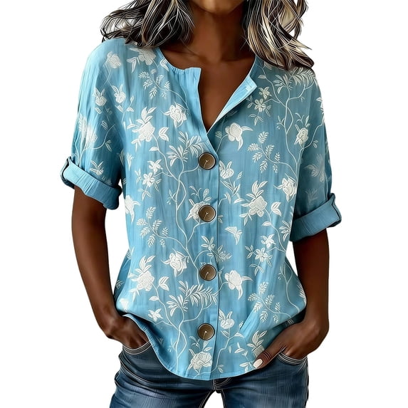WHEANG Boho Tops for Women Colorful Floral Print Shirt V Neck Womens Blouses Button Down Short Sleeve Casual Loose Blouse Tops Bohemian Women Summer Clothing TrendyLight Blue Size XL