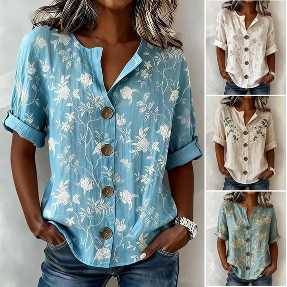 WHEANG Boho Tops for Women Colorful Floral Print Shirt V Neck Womens Blouses Button Down Short Sleeve Casual Loose Blouse Tops Bohemian Women Summer Clothing TrendyBeige Size L
