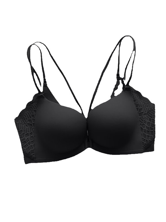 Bras for Women Double Thin Straps Lace Side Comfort Push Up Bra Adjustable Spaghetti Strap Support Bra Front Closure Wireless Bra Size M Black