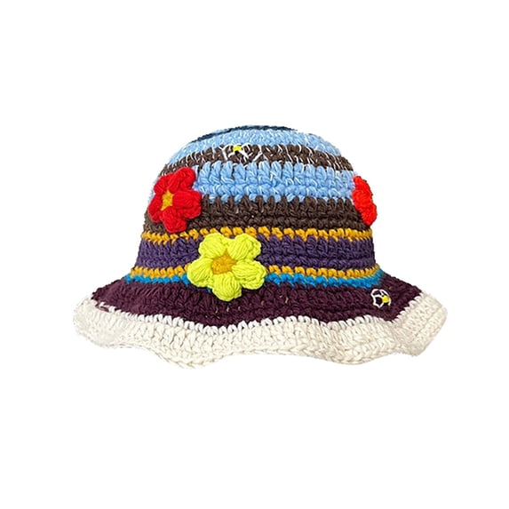 WHEANG Breathable Crochet Bucket Hat for Women Vintage Handmade Knit Foldable Wide Brim Vacation Beach Hat Fashion Colorful Cute Striped Floral Fishing Hat Summer Outing Travel Sun Hat Brown