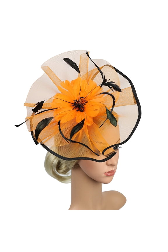 Charming Fascinators for Women Tea Party Double Mesh Top Hat Flower Feather Headscarf Headwear Vintage Hair Clip Fascinators Hat Cocktail Ball Wedding Church Party Hoops Cap Orange One Size