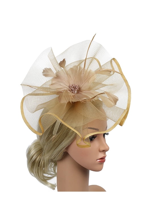 Charming Fascinators for Women Tea Party Double Mesh Top Hat Flower Feather Headwear Vintage Hair Clip Fascinators Hat Cocktail Ball Wedding Church Party Hoops Cap Gold 2026 Sales Under $1