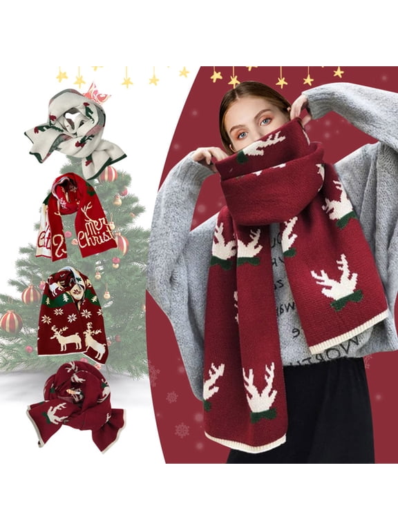 Christmas Scarf for Women Men Red Knit Scarf Thick Warm Cute Reindeer Deer Pattern Winter Scarves Soft Yarn Wrap for Holiday Party Daily Wear One Size 2026 Sales