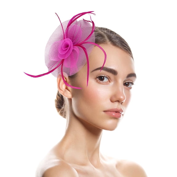 WHEANG Classic Fascinators for Women Tea Party Vintage Soft Women's Flower Feather Mesh Charming Headband Hair Clip Womens Cocktail Wedding Church Vintage Hair Clips Hot Pink One Size
