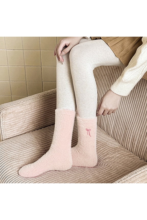 Compression Socks For Women Korean Style Bow Decorated Mink Fleece Socks Mid Calf Warm Cold Proof Home Plush Sleep Cotton Pink One Size