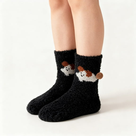 WHEANG Compression Socks For Women Winter Coral Velvet Plush Striped Warm Home Sleeping Socks 1 Pair Black One Size