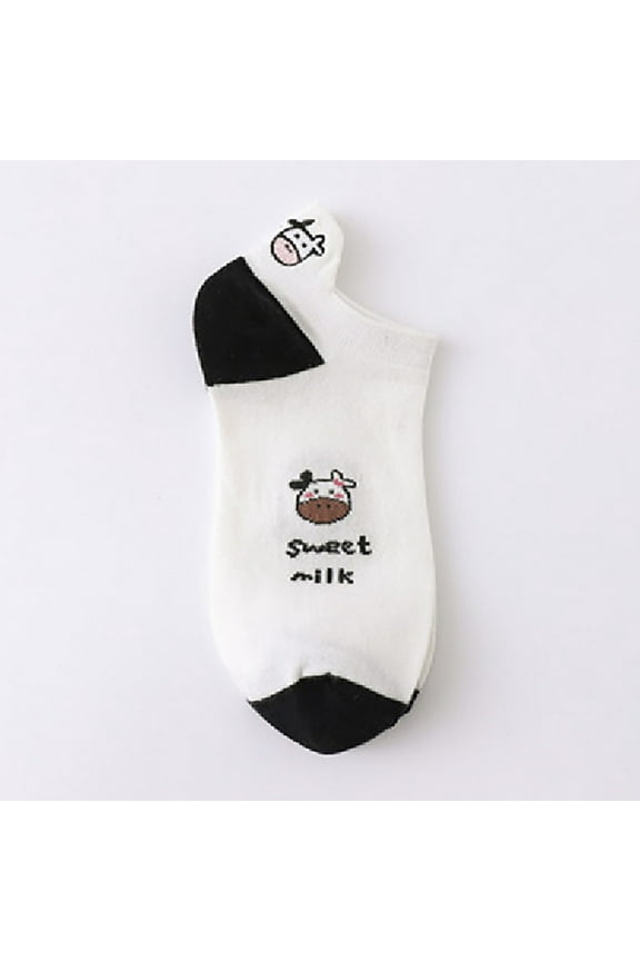 Compression Socks For Women Short Bootie Fuzzy Breathable Cute Ankle Cotton Cow Pattern Japanese Heel Embroidery Cat Socks 1 Pair Black One Size