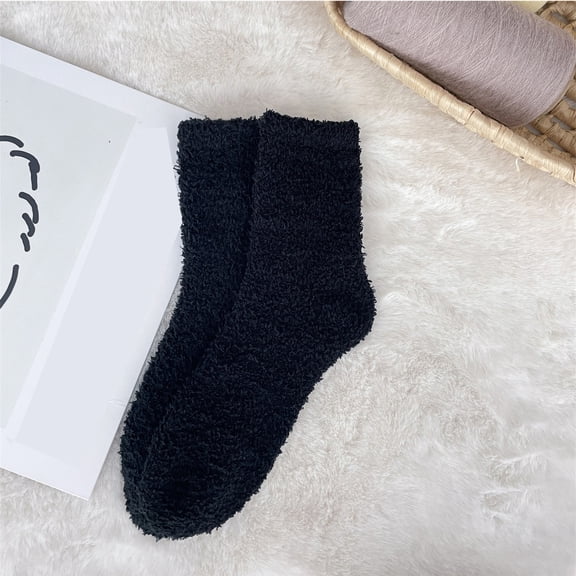 WHEANG Compression Socks For Women Unisex Coral Fleece Socks Thickened Warm Winter Long Solid Color Non Shedding Floor Sleep Polyester Cotton Blend Black One Size