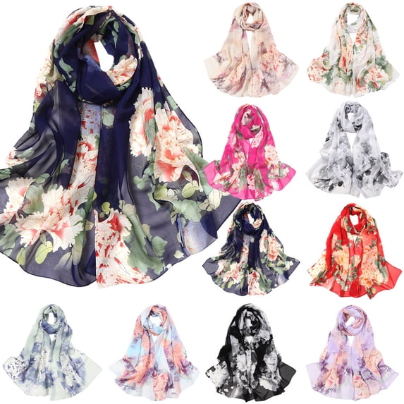 WHEANG Cooling Lightweight Scarf for Women Colorful Flower Print Summer Long Soft Wrap Scarf Simulation Silk Shawl Scarves Daily Wear Casual Beach Trips Breathable Scarf White