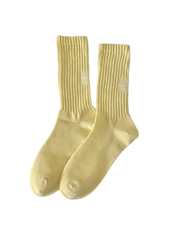 Cotton Letter Slouch Socks for Women – Soft Casual Stacked Socks Breathable Crew Socks Retro Letter Pattern Stretchy & Non-Slip Everyday Fashion Socks Under $5(Color Yellow One Size)