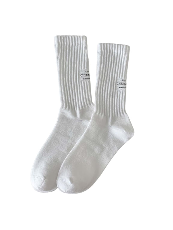 Cotton Letter Slouch Socks for Women Soft Casual Stacked Socks Breathable Crew Socks Retro Letter Pattern Stretchy & Non-Slip Socks Under $5(Color White One Size) Summer Sales Under $2