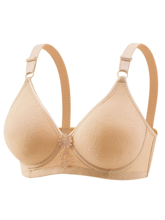 Daily Bras for Women Solid Color Jacquard Wireless Skin-Friendly Push Up Bra Thin Adjustable Spaghetti Straps No Underwire Padded Support T-Shirt Bra Size 38B Beige