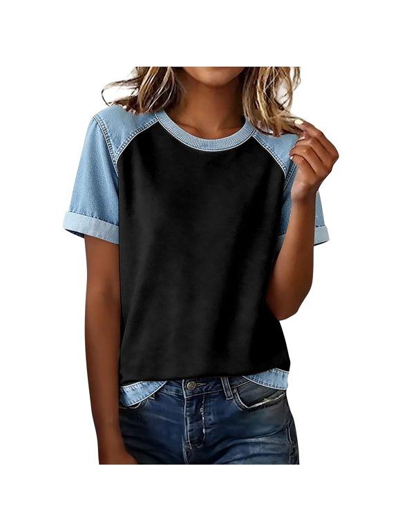 Daily Casual T-Shirt for Women Fashion Bold Stitching Patchwork Denim Crew Neck Short Sleeve Tee Versatile Everyday Wear Loose Fit Blouse Summer Tops for Women(Color Black Size 3XL)