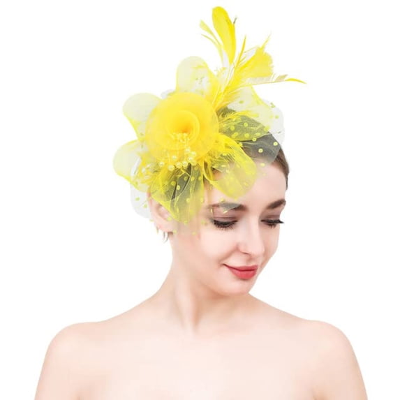 WHEANG Elegant Fascinators Hats for Women Tea Party Fashion Mesh Feathers Wedding Cocktail Church Hair Clips Pretty Headband Hat Women's Tea Party Accessories Derby Hats Yellow One Size