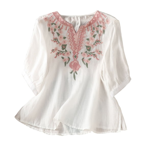WHEANG Embroidered Tops for Women Button Loose Tshirts Trendy Summer Shirts 3/4 Sleeve Boho Cotton Linen Shirts Plus Size V Neck Tunic Peasant Clothes Size XXXL White Summer Sales Under $8
