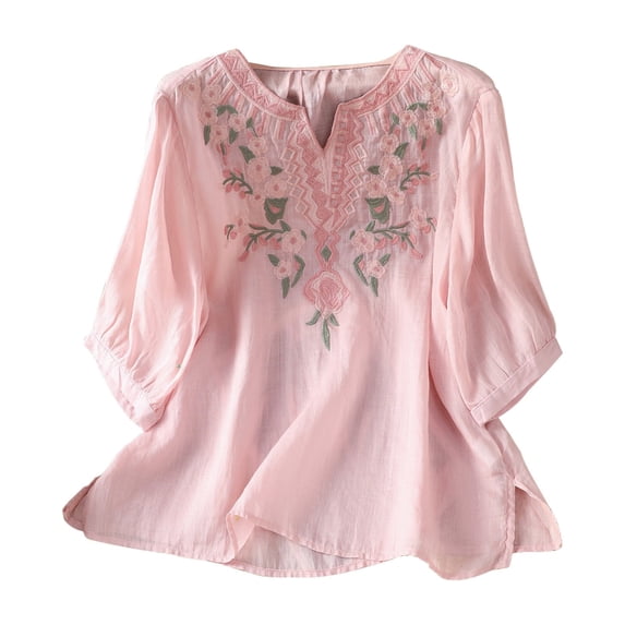 WHEANG Embroidered Tops for Women Button Loose Tshirts Trendy Summer Shirts 3/4 Sleeve Boho Cotton Linen Shirts Plus Size V Neck Tunic Peasant Clothes Size L Pink