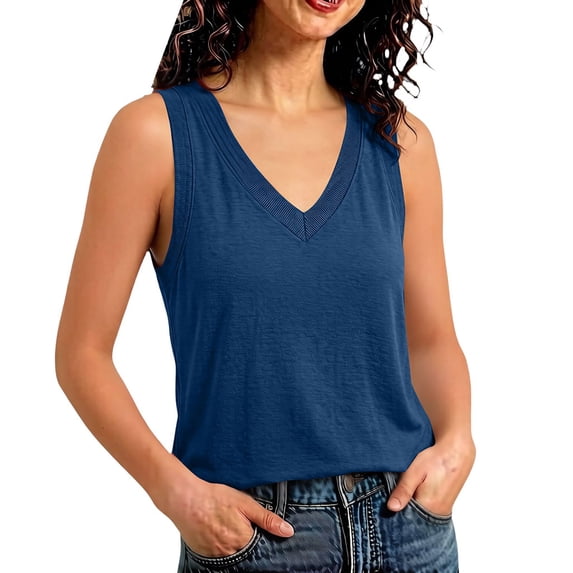 WHEANG Everyday Casual Plus Size T Shirt for Women Classic Solid Color V Neck Tank Tops Summer Sleeveless Basic Shirts True Tees Trendy Clothes Breathable Loose Fit Top(Color BlueSize M)