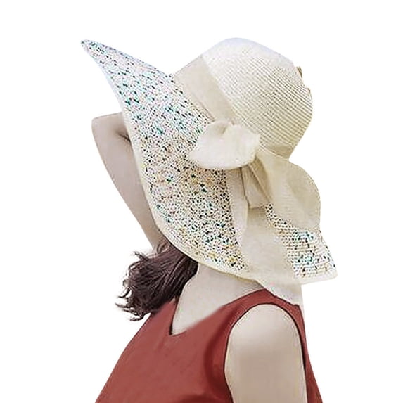WHEANG Extra Large Wide Brim Bow Straw Hats for Women - All-Day Comfort Wide Brim Floppy Hats Solid Color Summer Breathable Sun Hat UV Protection Outdoor Traveling Beach Cap Beige