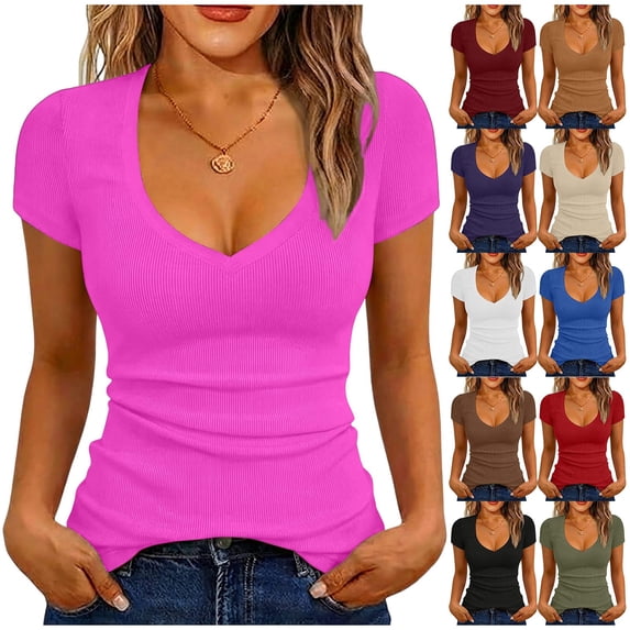 WHEANG Deep V Neck T Shirts for Women Breathable Womens Summer Tops Comfort Ribbed Knit Skin-Friendly T Shirt Slim Fit Short Sleeve Daily Wear Casual T Shirts Red Size S 2026 Sales Under $2