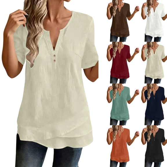 WHEANG Flowy Tops for Women Solid V Neck Button Short Sleeve Linen Tops for Women Casual Loose Fit Lightweight Blouse Daily Wear Clothing Trendy Summer Tops for Women White M
