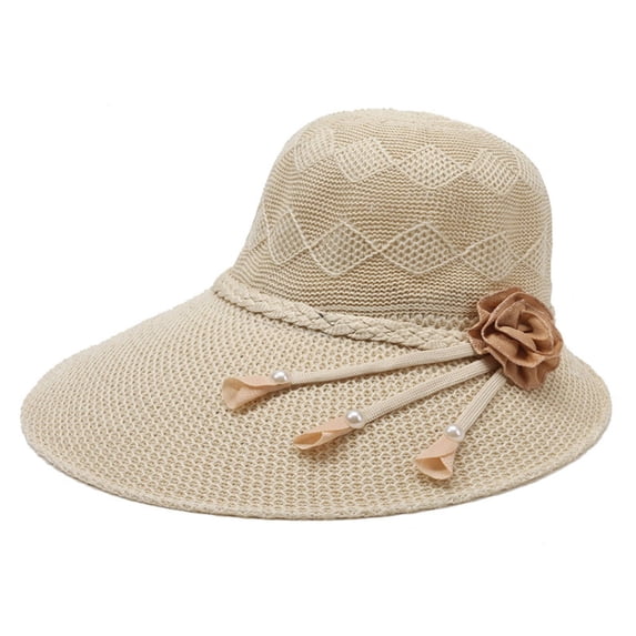 WHEANG Foldable Straw Sun Hats for Women Summer Lightweight Floral Side Decor Summer Beach Hat Breathable UV Protection Wide Brim Travel Outing Fashion Sun Cap Beige
