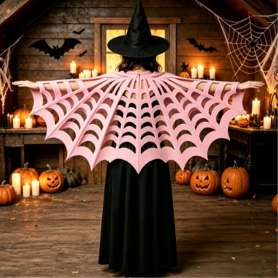 WHEANG Halloween Cape Shawl for Women Men Poncho Spooky Spiderweb Accessory for Party Dress‑up Stylish Spider Web Sheer Mesh Witch Cape Shawl One Size Pink