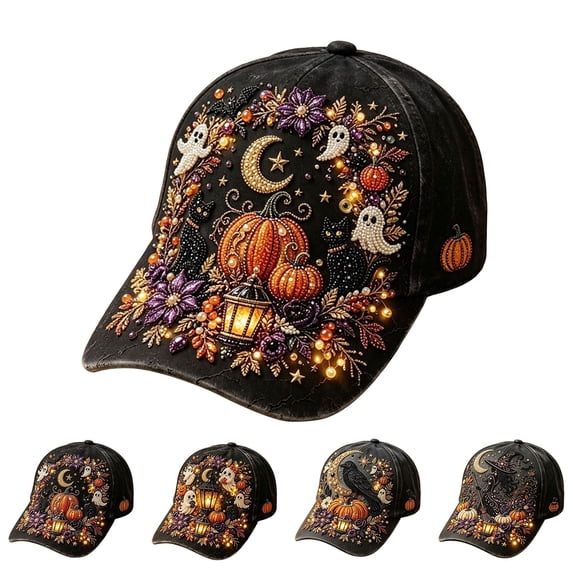 WHEANG Halloween Hats for Women Men Black Washed Distressed Baseball Cap Vintage Halloween Print Trucker Hat Outdoor Wear Halloween Hat M White