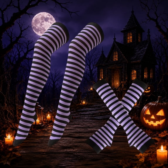 WHEANG Halloween Socks Gloves Set Classic Solid Striped Over The Knee Socks Fingerless Gloves Set Halloween Christmas Party Costume Accessory One Size Multicolor