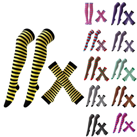 WHEANG Halloween Socks Gloves Set Classic Solid Striped Over The Knee Socks Fingerless Gloves Set Halloween Christmas Party Costume Accessory One Size Yellow