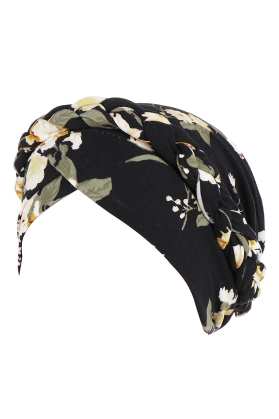 Head Scarf for Women Summer Lightweight Floral Print Braided Pre-Tied Turban Head Wrap Breathable Sollid Color Cooling Muslim Hijab Cap Stretch Soft Chemo Head Cover Black