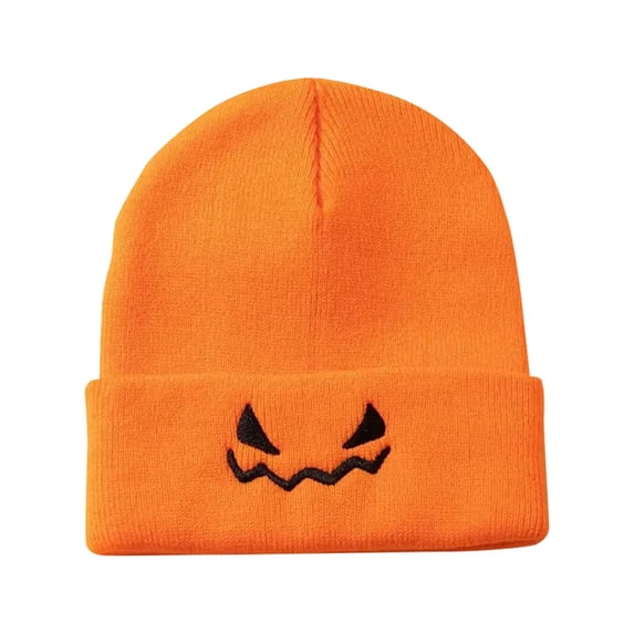 WHEANG Knit Beanie Unisex Halloween Beanie Pumpkin Embroidered Funny Warm Stretchy Skull Cap for Men Women Halloween Party Daily Wear One Size Orange