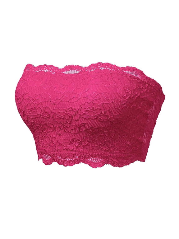 Lace Bralette for Women Seamless Lace Back One-Piece Tube Top Wireless No Padded Strapless Bra Anti-Slip Anti Chafing No Show Underwear for Daily Outfit Summer Wear XL Pink