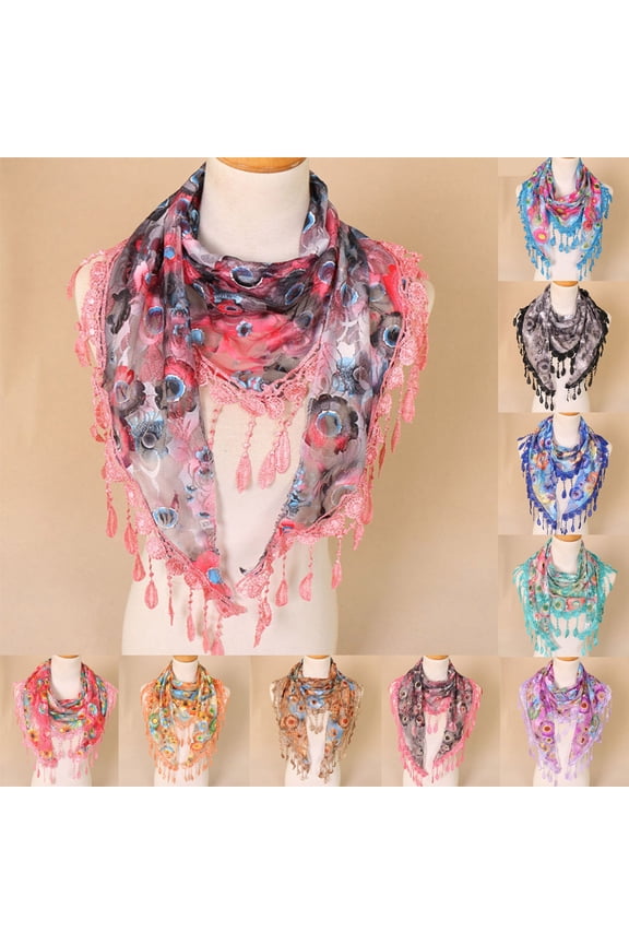 Lace Tassel Scarf for Women Elegant Colored Floral Shawls Print Hollow Scarf Shawl Wraps Scarves Lightweight Veil Triangle Scarf Summer Beach Cover-up Bandana Head Scarf Color I