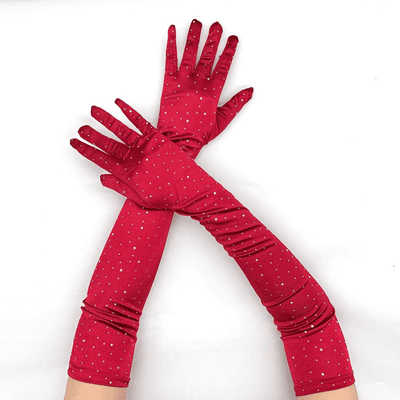WHEANG Long Satin Tea Gloves for Women Men Dot Diamond Sparkling Gloves Stretchy Bridal Gloves Women's Length Gloves 1920s Lightweight Long Soft & Stretchy Comfort Gloves Wine One Size