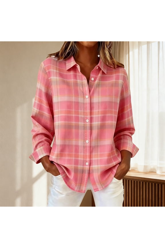 Long Sleeve Shirts For Women Contrast Color Retro Plaid Button Down Long Sleeve Soft Cotton Polyester Casual Loose Fit Blouse 1Pc Pink S-3Xl