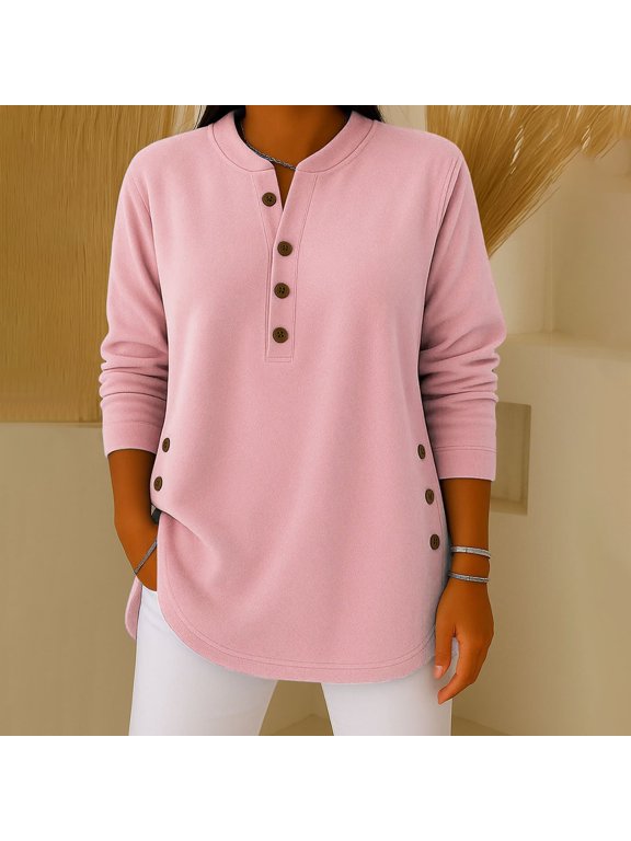 Long Sleeve Shirts For Women Reversible German Fleece V Neck Long Sleeve Casual Loose Button Pullover Delong Fabric Shirt 1Pc Pink S-3Xl