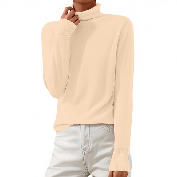 WHEANG Long Sleeve Shirts For Women Turtleneck Long Sleeve Knitted Pullover Wool Blend Warm Cozy Ribbed Cuffs Casual Winter Top 1Pc Beige S-3Xl