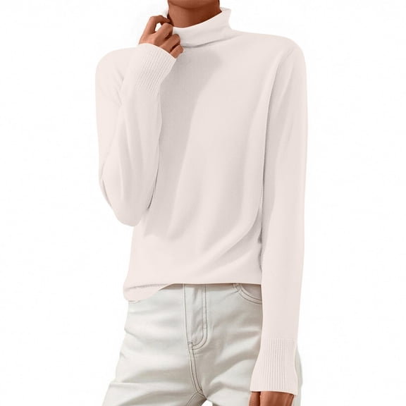 WHEANG Long Sleeve Shirts For Women Turtleneck Long Sleeve Knitted Pullover Wool Blend Warm Cozy Ribbed Cuffs Casual Winter Top 1Pc White S-3Xl