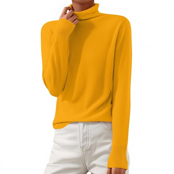 WHEANG Long Sleeve Shirts For Women Turtleneck Long Sleeve Knitted Pullover Wool Blend Warm Cozy Ribbed Cuffs Casual Winter Top 1Pc Yellow S-3Xl