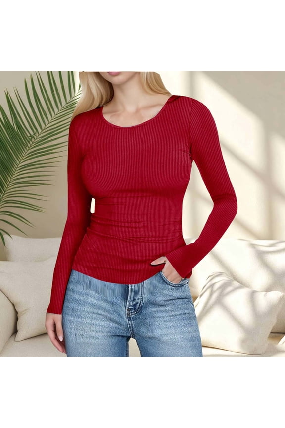Long Sleeve Shirts For Women U Neck Slim Fit Long Sleeve Solid Color T Shirt Polyester Spandex Fashionable Casual Daily Wear 1Pc Red S-Xxl
