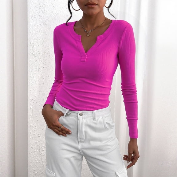 WHEANG Long Sleeve Shirts For Women V Neck Long Sleeve Basics Crop Top Slim Fit Polyester Spandex Stretchy Soft Fall Fashion 1Pc Pink S-Xxl