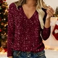 thumbnail image 1 of WHEANG Long Sleeve Shirts For Women V Neck Real Sequin Long Sleeve T Shirt High Density Beads Fashionable Casual Solid Color Top 1Pc Red S-Xxl, 1 of 9