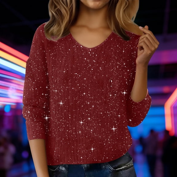WHEANG Long Sleeve Shirts For Women Winter V Neck Real Sequin Glitter Knitted Sweater Soft Warm Elegant Casual Comfortable Top 1Pc Red S-3Xl