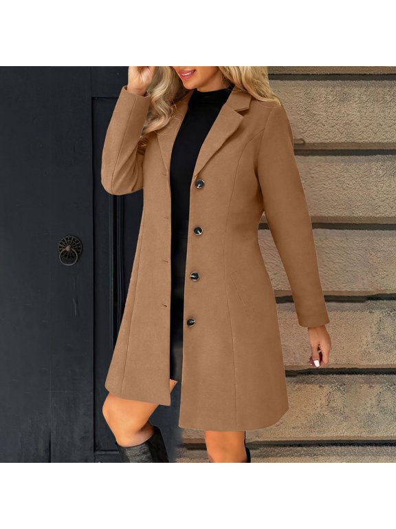 Long Sleeve Shirts For Women Wool Blend Thicken Stand Collar Single Breasted A Line Trench Coat Fall Winter Warm Jacket 1Pc Yellow S-3Xl