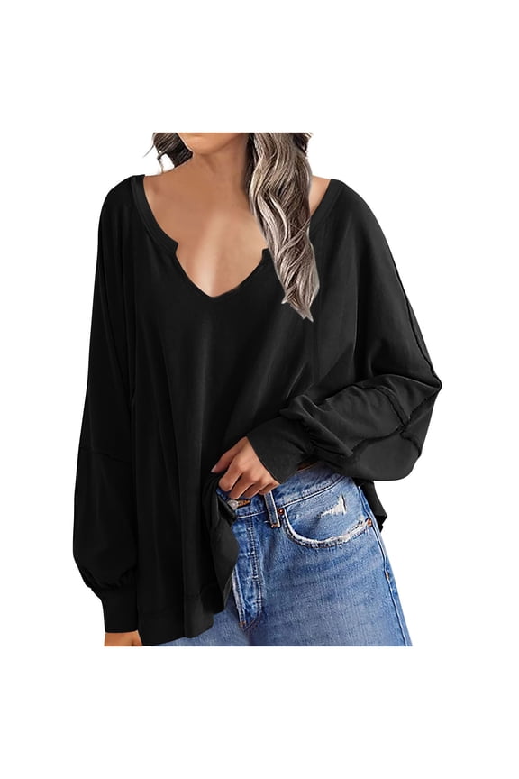 Long Sleeve Summer Tops for Women breathable Deep V Neck Solid T-Shirt Casual Irregular Hem Loose Fit Tops Fashion Comfort Basic Blouse Versatile Everyday Outfit Top(Color Black Size 2XL)
