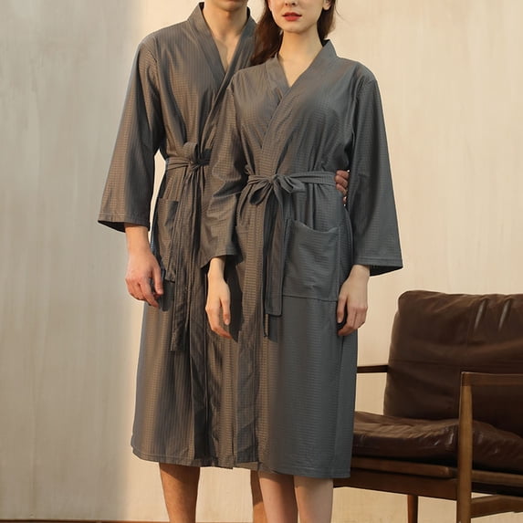 WHEANG Nightgowns for Women Men Oversized Plus Size Waffle Weave Bathrobe Quick Dry Lightweight Robes for Women Soft Absorbent Hotel Shower Robe with Pockets & Tie Closure XL Gray
