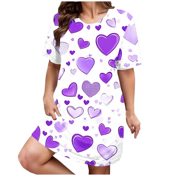 WHEANG Nightgowns for Women Plus Size Heart Print Summer Dresses Crew Neck Short Sleeve Stretchy Loose Sleep Dress Soft Casual Loungewear Sleepshirt Oversized Midi Pajama Dress 5XL White