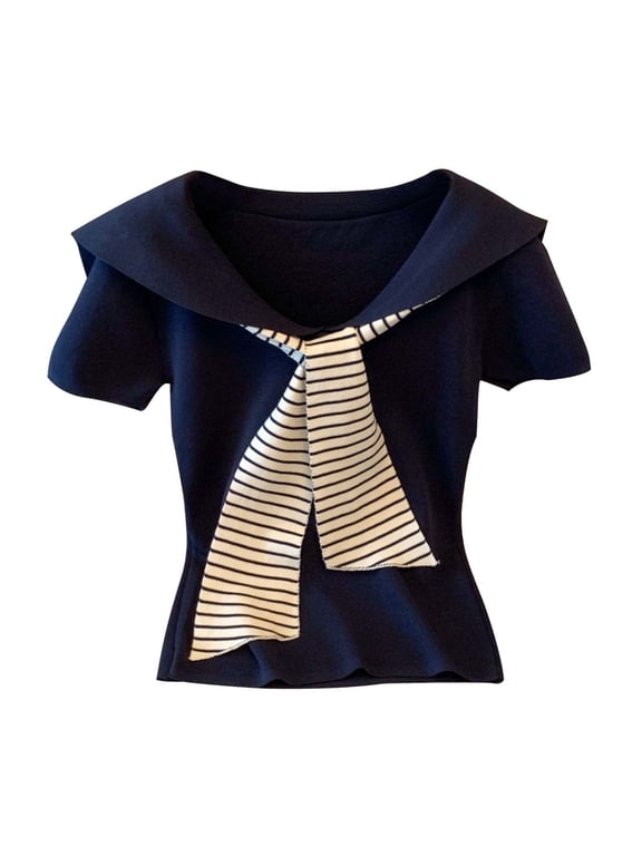 Oversized Tshirts for Women Nautical Collar Cape Patchwork Striped Sleeve Fake Two-Piece Short Sleeve T-Shirt New Cropped Preppy Cute Summer Tops for Women Multicolor Size M