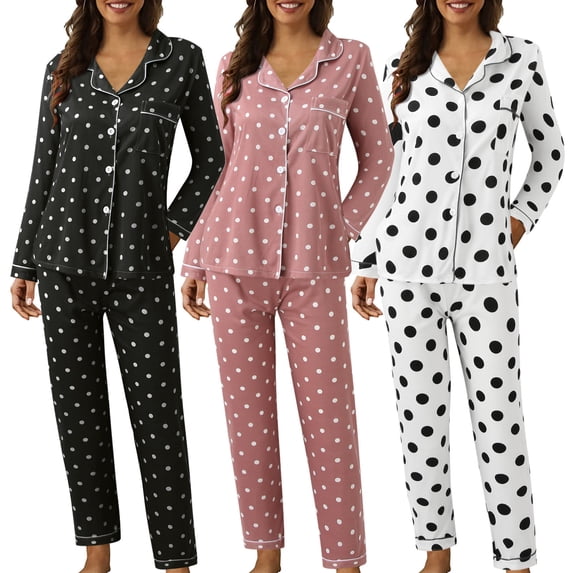 WHEANG PJ Sets for Women Polka Dot Printed Lapel Button Down Womens Pajama Sets Long Sleeve Soft Pajamas for Women Set Loose Fit Casual Sleepwear Pants Set M Pink