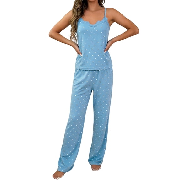 WHEANG Pajamas for Women Set Heart Polka Dot Lace Trim Cami Top & Long Pants Pajama Set 2 PC Soft Lace Sleepwear Loose Fit Womens Pajama Sets for Nightwear Daily Lounge Home Size L Blue